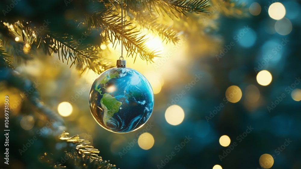 earth globe pattern Christmas bauble on needle pine branch with bokeh light, Christmas and sustainable concept, dreamy whimsical background earth globe pattern Christmas bauble on needle pine branch with bokeh light, Christmas and sustainable concept, dreamy whimsical background
