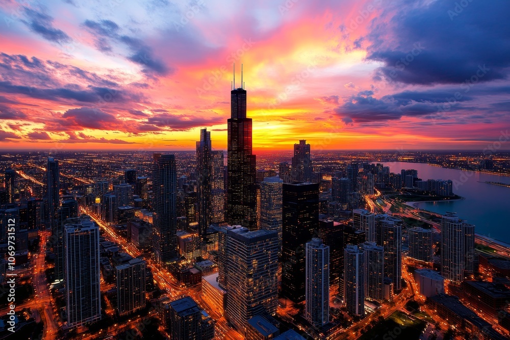 Obraz premium Cityscape background at sunset, with realistic skyscrapers and a colorful sky filled with shades of orange and pink