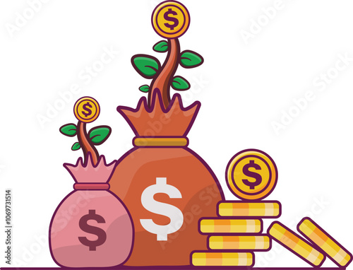 Dollar money sack from which a dollar coin plant grows. Dollar stack pile coins and money bag. Money bag flat illustration.