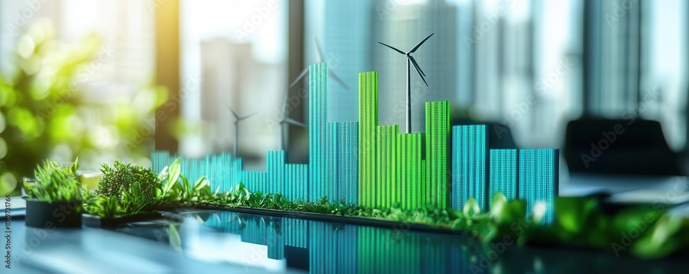 Bar graphs with green and blue color themes, symbolizing investment growth in wind and solar energy, clean office setup Bar graphs with green and blue color themes, symbolizing investment growth in wind and solar energy, clean office setup