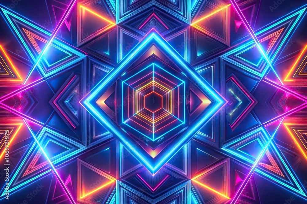 Close-up of bold neon shapes on navy blue background Close-up of bold neon shapes on navy blue background