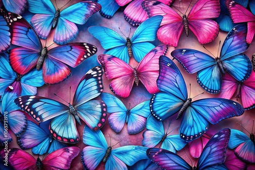 Close-up of blue and pink butterflies on white background