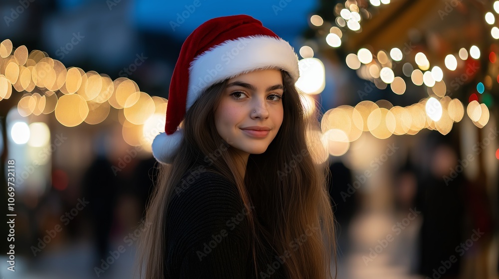 smiling woman at outdoor in town during Christmas, everywhere decorated with light and Christmas trees smiling woman at outdoor in town during Christmas, everywhere decorated with light and Christmas trees