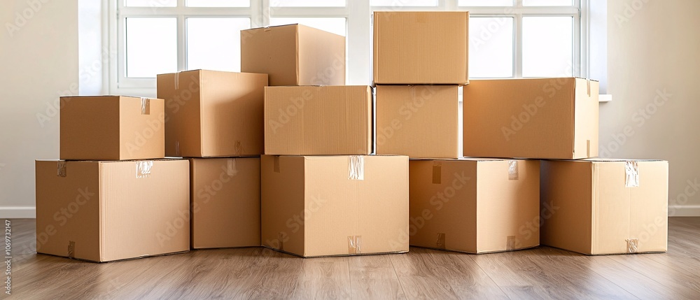Piled Cardboard Boxes in a Bright Room Piled Cardboard Boxes in a Bright Room