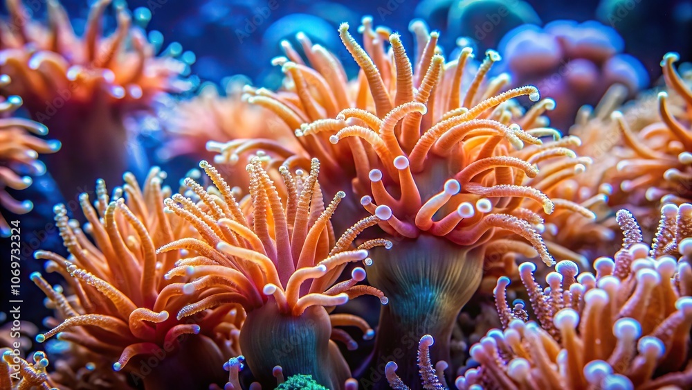 Close-up of a coral colony emitting gooey, slimy tendrils that stretch and writhe like living things, sea creatures, sea anemone, seaweed
