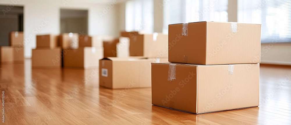 Cardboard Boxes in Bright Room with Wooden Floor Cardboard Boxes in Bright Room with Wooden Floor