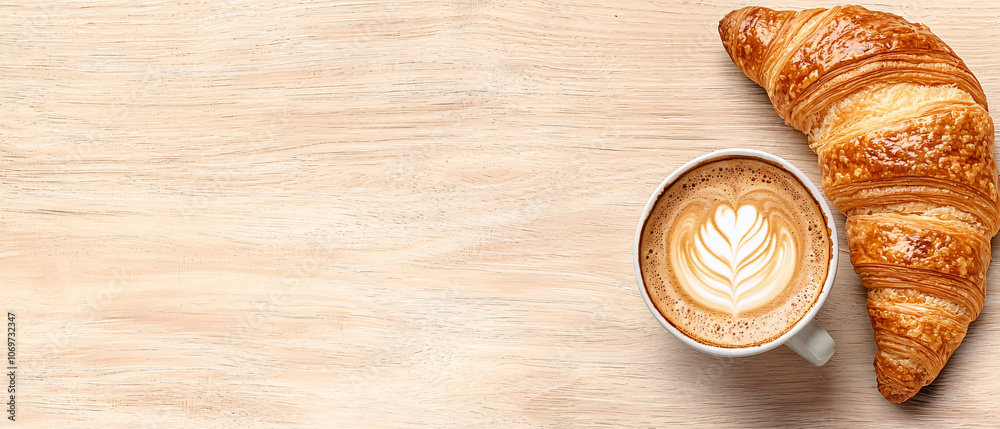 Coffee and Croissant on Wooden Table Background Coffee and Croissant on Wooden Table Background