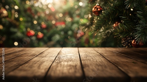 A serene wooden tabletop with a blurred, festive background of Christmas decorations, creating a warm holiday atmosphere.