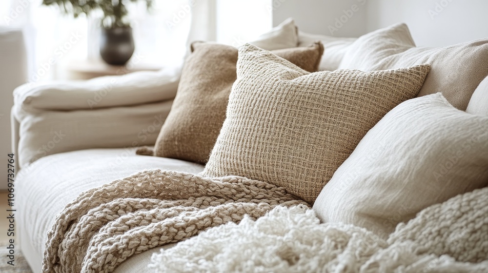 Close-Up of Scandinavian Interior Design Featuring Warm Neutral Colors and Natural Materials, Highlighting Minimalist Aesthetic and Cozy Atmosphere in a Modern Living Space