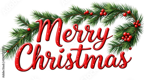 Festive Merry Christmas greeting with realistic pine branches and red berries isolated on transparent white background, png