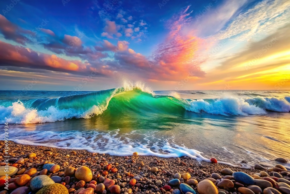 Obraz premium Colorful soft sea wave crashing on rocky shore