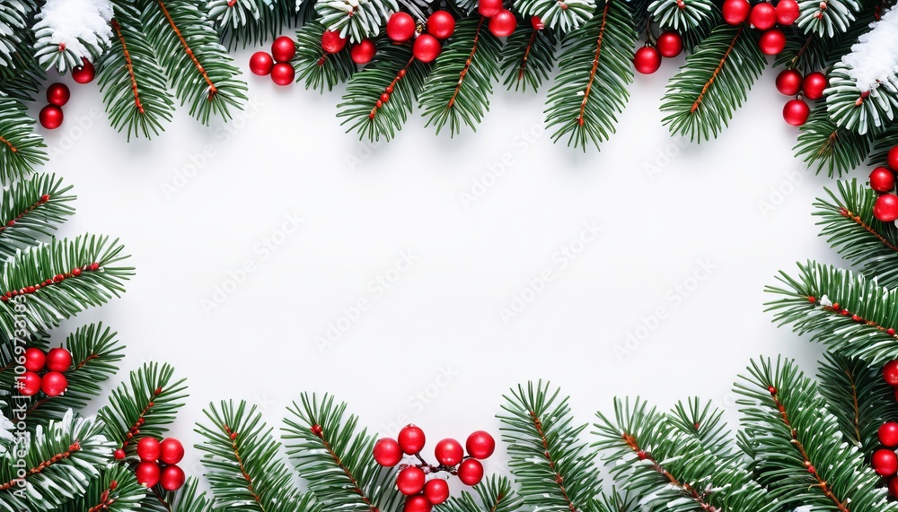 Festive christmas border with evergreen branches and red berries on white background Festive christmas border with evergreen branches and red berries on white background