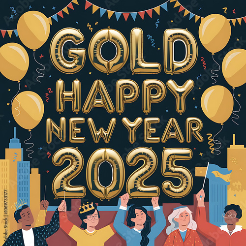 A photo of a party room with a large "Happy New Year 2025" message written in gold balloons. The balloons are arranged in the shape of the message and are hanging from the ceiling. There are additiona