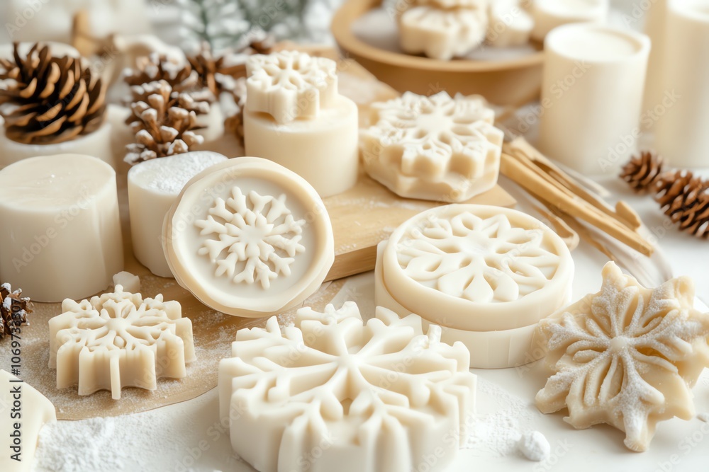 Assorted handcrafted soaps with intricate snowflake designs, surrounded by pine cones on a winter-themed display.