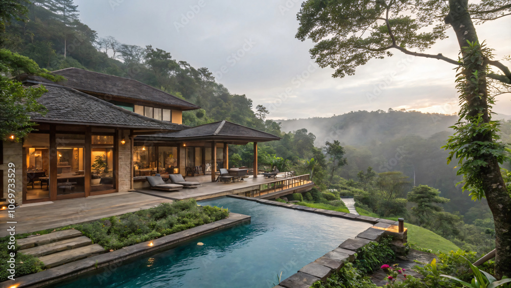 Luxurious villa with stunning pool overlooking lush greenery and mountains, creating serene and tranquil atmosphere. Perfect for relaxation and escape Luxurious villa with stunning pool overlooking lush greenery and mountains, creating serene and tranquil atmosphere. Perfect for relaxation and escape