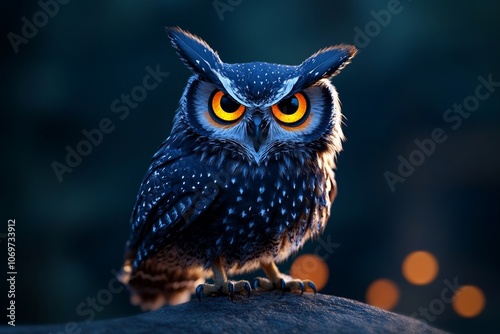 Detailed shot of an owl at night with sharp eyes and intricate feather details, in a moody forest setting photo