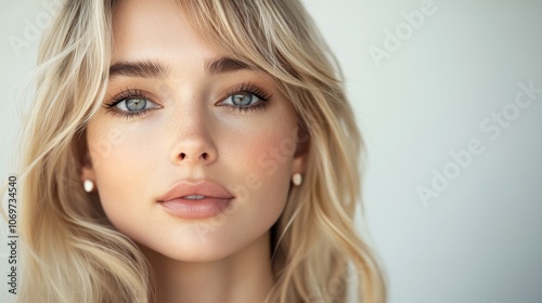 A close-up profile of an elegant blonde Australian woman wearing simple modern earrings, showcasing her natural skin texture, taken from the side under gentle white lighting