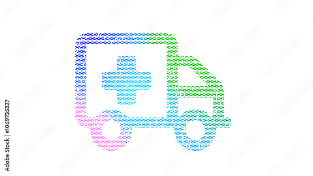 Icon ambulance car is made up of LED square shapes. There are bright diodes and there are black dead diodes Icon ambulance car is made up of LED square shapes. There are bright diodes and there are black dead diodes