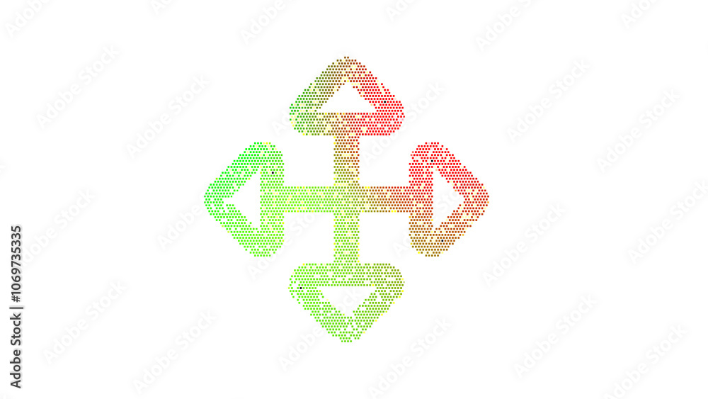Icon arrows up down, right left is made up of LED square shapes. There are bright diodes and there are black dead diodes