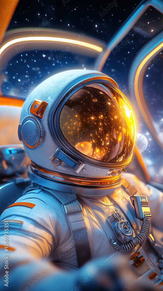 Astronaut in High-Tech Suit Inside Modern Spaceship Cockpit Looking Out at Planets and Starry Universe Astronaut in High-Tech Suit Inside Modern Spaceship Cockpit Looking Out at Planets and Starry Universe