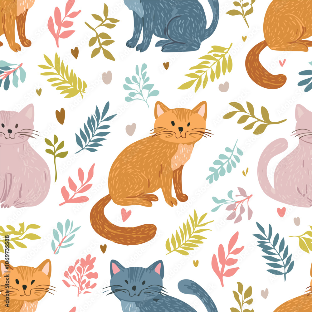 Fototapeta premium Cute cat hand drawn seamless pattern