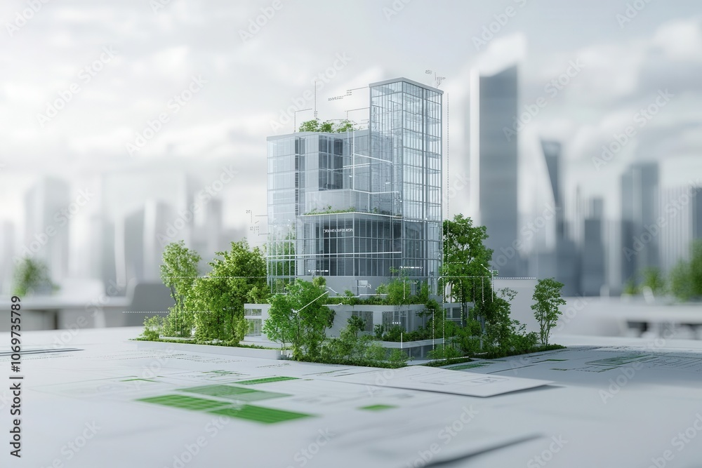 Sustainable city concept with diagrams of energy-efficient buildings, photorealistic, clean office, high detail