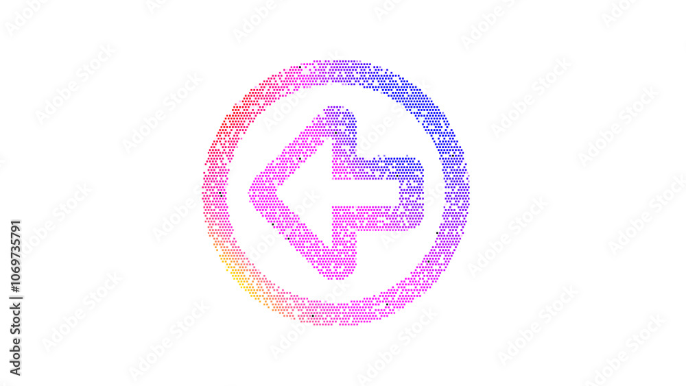 Icon arrow circle left is made up of LED square shapes. There are bright diodes and there are black dead diodes Icon arrow circle left is made up of LED square shapes. There are bright diodes and there are black dead diodes