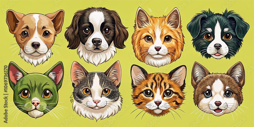 Obraz premium Cute Hand-Drawn Vector Dogs and Cats Heads on Yellow Background – Adorable Puppies and Kittens in Various Colors for Pet Lovers and Animal Enthusiasts