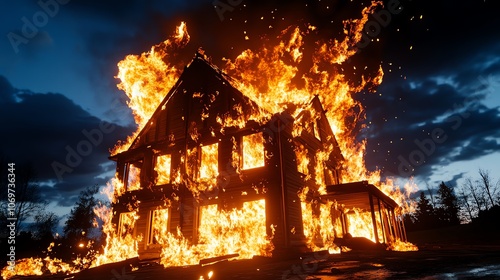 House engulfed in flames, illustrating a devastating fire at night. photo