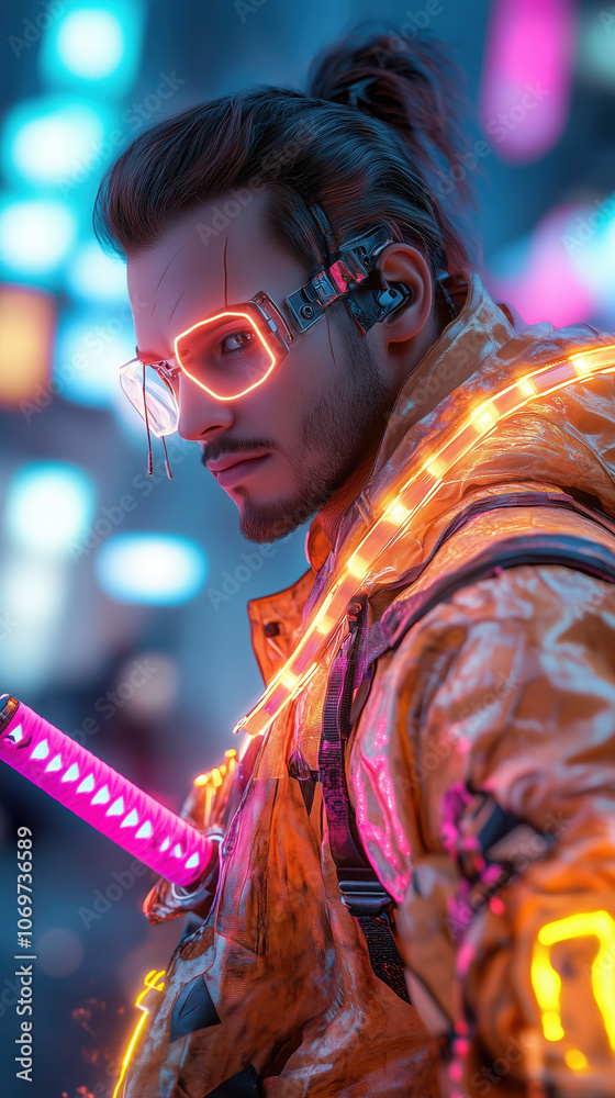 Cyberpunk Cyborg Samurai with Glowing Katana Standing Strong on Neon Rooftop in Futuristic City Cyberpunk Cyborg Samurai with Glowing Katana Standing Strong on Neon Rooftop in Futuristic City