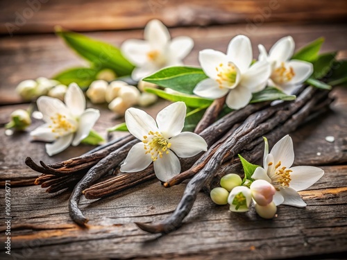 Delicate White Flowers Nestled Among Aromatic Vanilla Beans in a Serene Natural Composition for Tranquil and Elegant Stock Photography