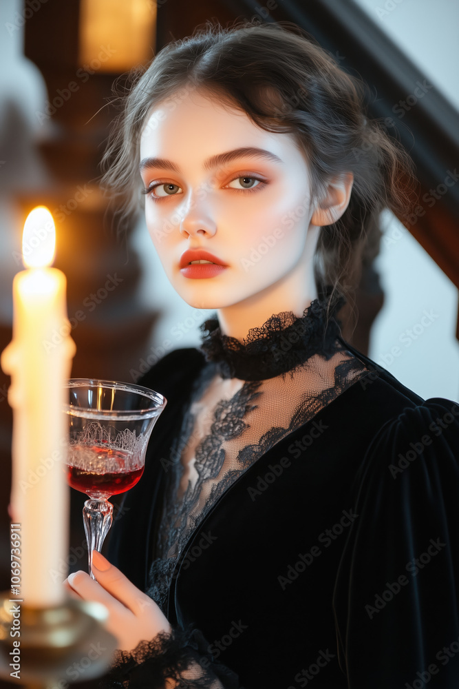 Elegant Vampire Lady with Pale Skin in Dark Velvet Robes Drinking Blood Inside a Candlelit Gothic Mansion with Moody, Dramatic Lighting Elegant Vampire Lady with Pale Skin in Dark Velvet Robes Drinking Blood Inside a Candlelit Gothic Mansion with Moody, Dramatic Lighting