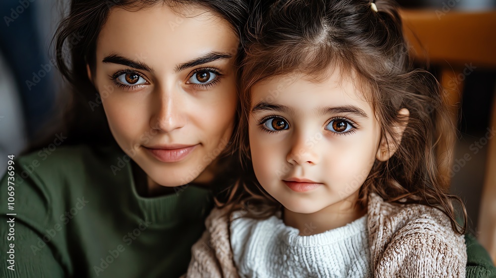 Mother and daughter portrait, warm expressions, cozy atmosphere.