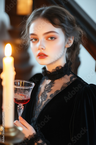 Elegant Vampire Lady with Pale Skin in Dark Velvet Robes Drinking Blood Inside a Candlelit Gothic Mansion with Moody, Dramatic Lighting photo