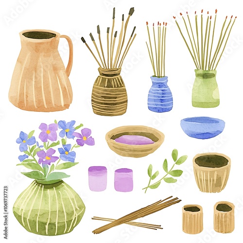 Watercolor Illustration of Various Vases, Bowls, and Incense Sticks.