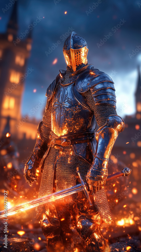 Heroic Medieval Knight in Shining Armor with Sword Ready for Battle, Dramatic Lighting Highlighting Castle and Epic Scene Heroic Medieval Knight in Shining Armor with Sword Ready for Battle, Dramatic Lighting Highlighting Castle and Epic Scene