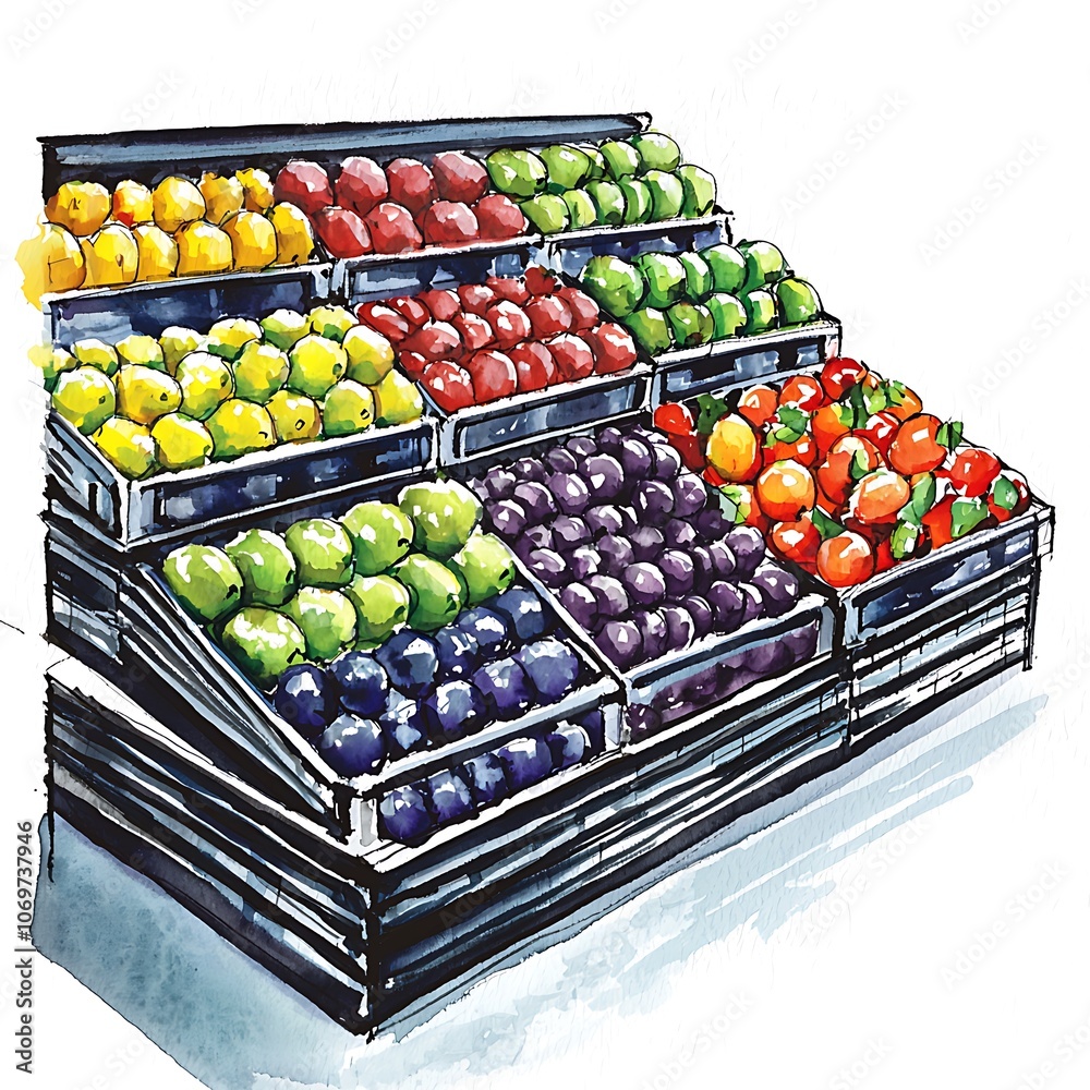 Watercolor Illustration of a Fruit Stand with Apples, Lemons, Limes, and Plums. Watercolor Illustration of a Fruit Stand with Apples, Lemons, Limes, and Plums.