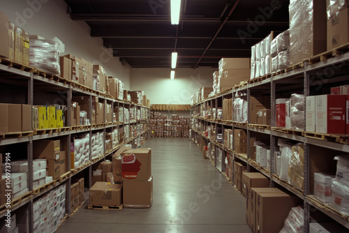 warehouse aisle stocked with boxes and supplies, sense of order and efficiency