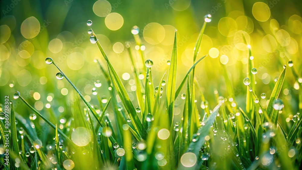 Obraz premium Dew on Spring Grass: Capturing Nature's Beauty with a Close-Up of Glimmering Dewdrops on Lush Green Blades of Grass in a Serene Morning Light, Perfect for Nature Enthusiasts