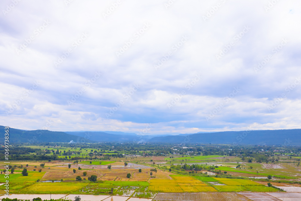 Fototapeta premium High angle view from the agricultural rice field, combined with the mountain view and clear sky, reflects the rich and loving nature of the world, Northern Thailand, Southeast Asia.