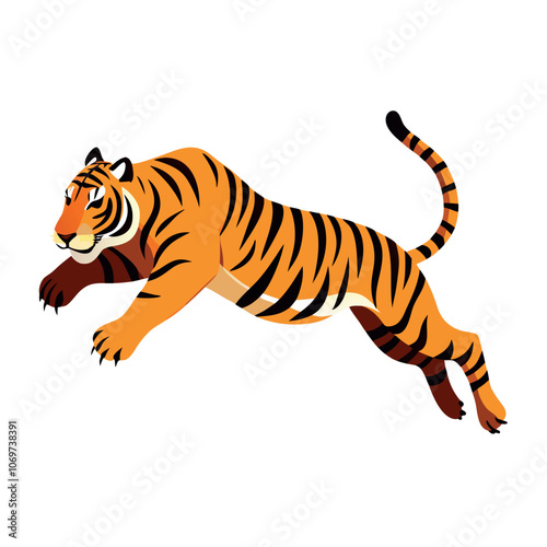 a tiger in mid-air, with its body stretched out and its head turned towards the left side of the vector illustration