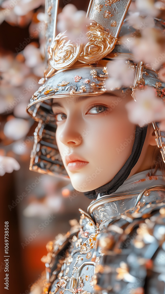 Traditional Japanese Samurai Woman Wearing Armor Under Cherry Blossoms with Warm Tones and Temple Backdrop Traditional Japanese Samurai Woman Wearing Armor Under Cherry Blossoms with Warm Tones and Temple Backdrop