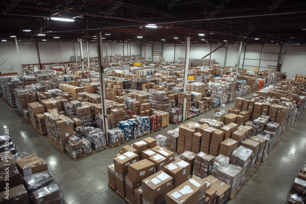large warehouse with rows and rows of boxes, giving sense of organization and efficiency large warehouse with rows and rows of boxes, giving sense of organization and efficiency
