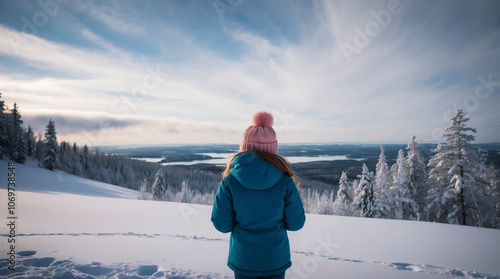 Back view of pre-teen girl enjoying breathtaking view of winter landscape photo