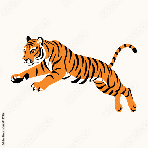 a tiger in mid-air, with its body stretched out and its head turned towards the left side of the vector illustration
