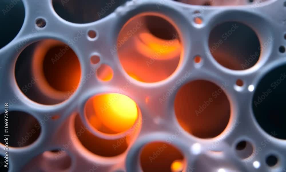 Macro Close-Up of Abstract Fiery Orange Pattern with Circular Holes Macro Close-Up of Abstract Fiery Orange Pattern with Circular Holes