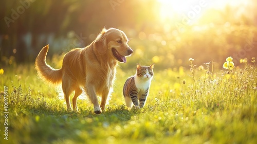 Furry friends a dog and a cat walk amicably through a bright summer meadow in the sunlight photo