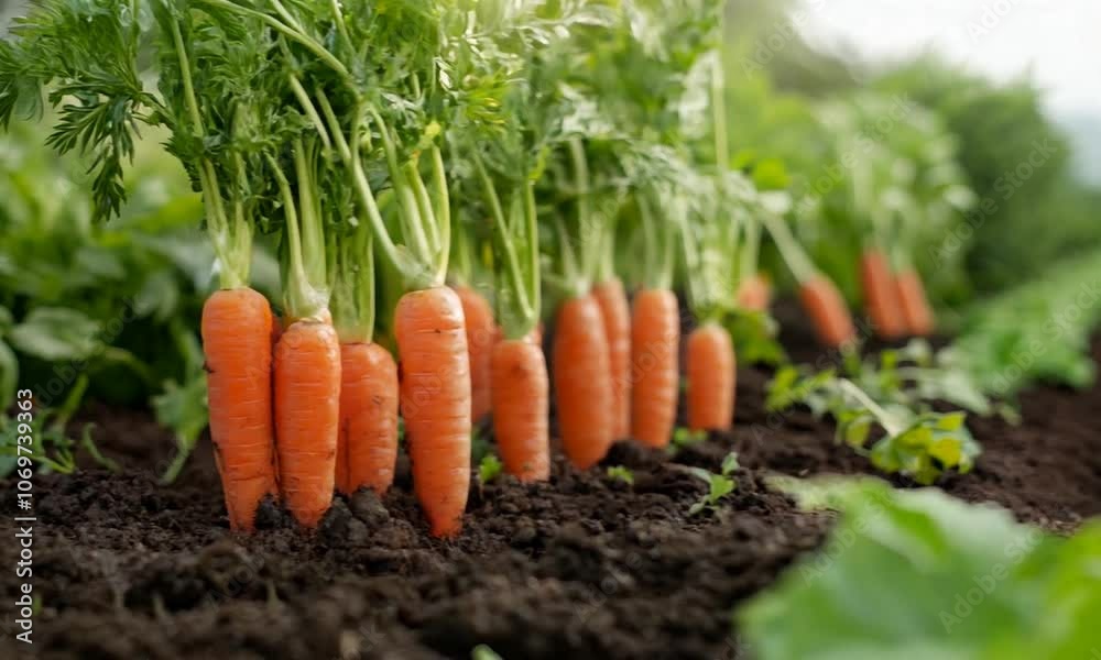 Fresh carrots buried in the soil in a farm Fresh carrots buried in the soil in a farm