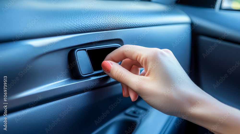 Womans hand pressing a car window lock button Womans hand pressing a car window lock button