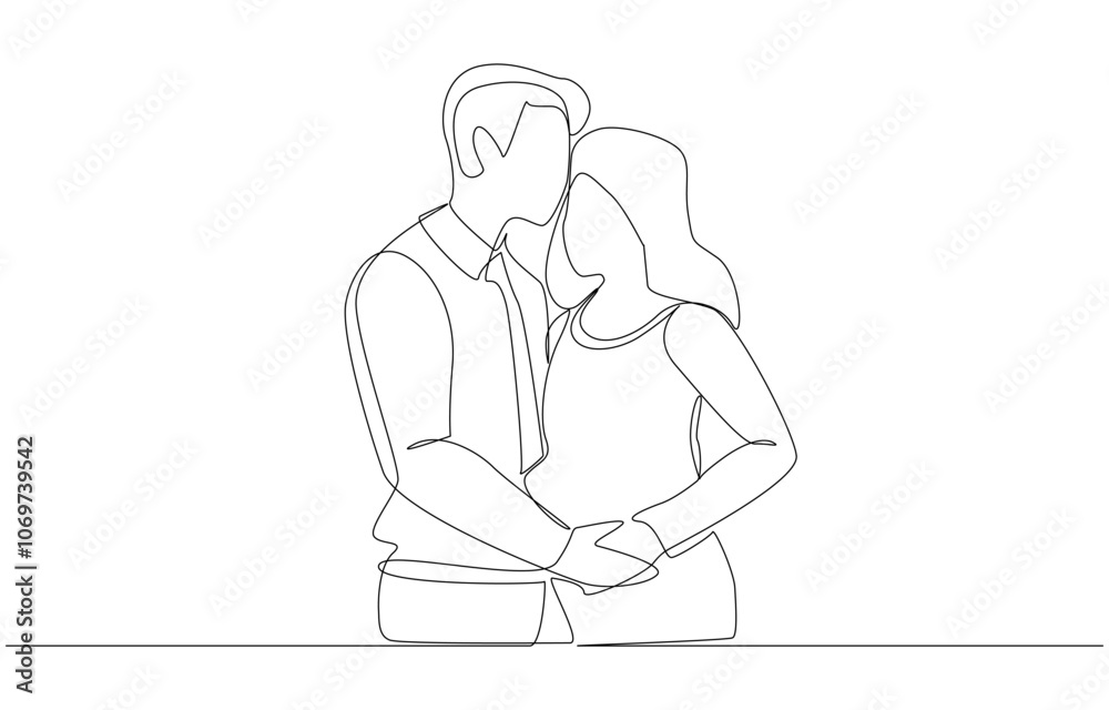 Continuous one line drawing of father hugging pregnant mother warmly, single line art. Continuous one line drawing of father hugging pregnant mother warmly, single line art.